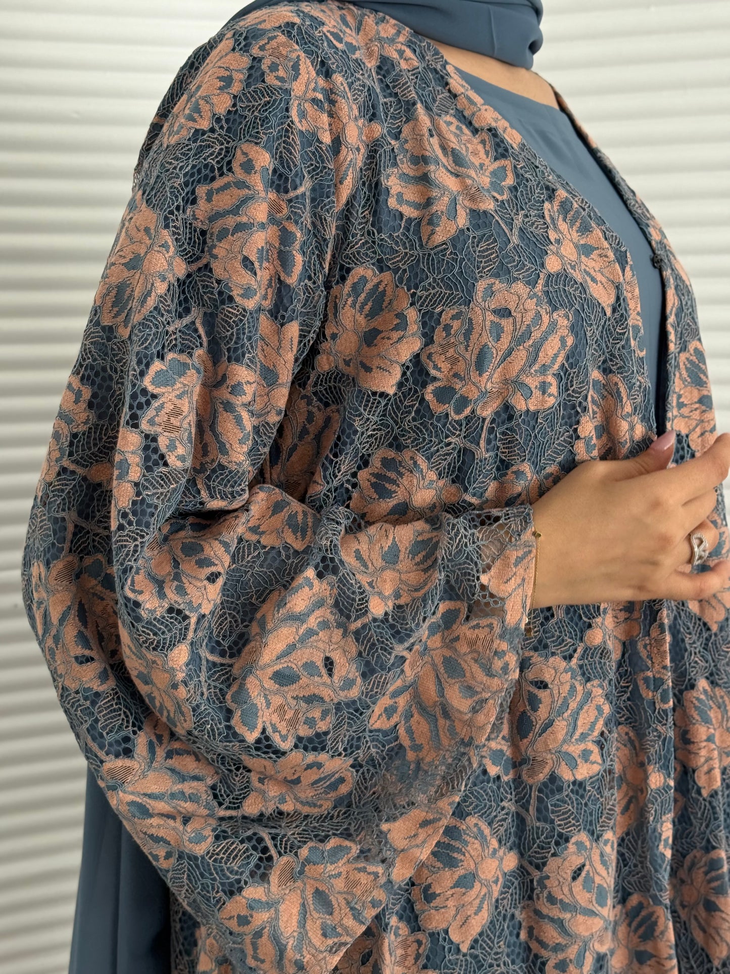 Abaya set of matching inner dress, abaya and sheila of slate blue and peach floral lace, this set is perfect for daytime formal events.