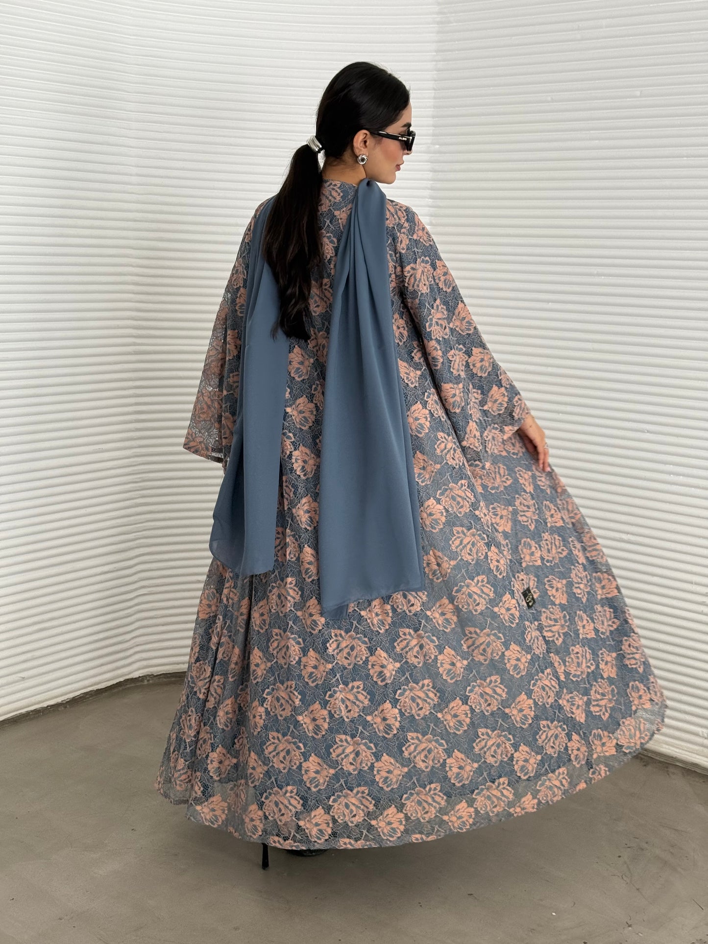Abaya set of matching inner dress, abaya and sheila of slate blue and peach floral lace, this set is perfect for daytime formal events.