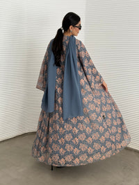 Abaya set of matching inner dress, abaya and sheila of slate blue and peach floral lace, this set is perfect for daytime formal events.