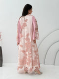A baby pink abaya, this luxurious piece is made of lace/dantel with a premium Nida fabric, this abaya is perfect for engagement and daytime weddings.
