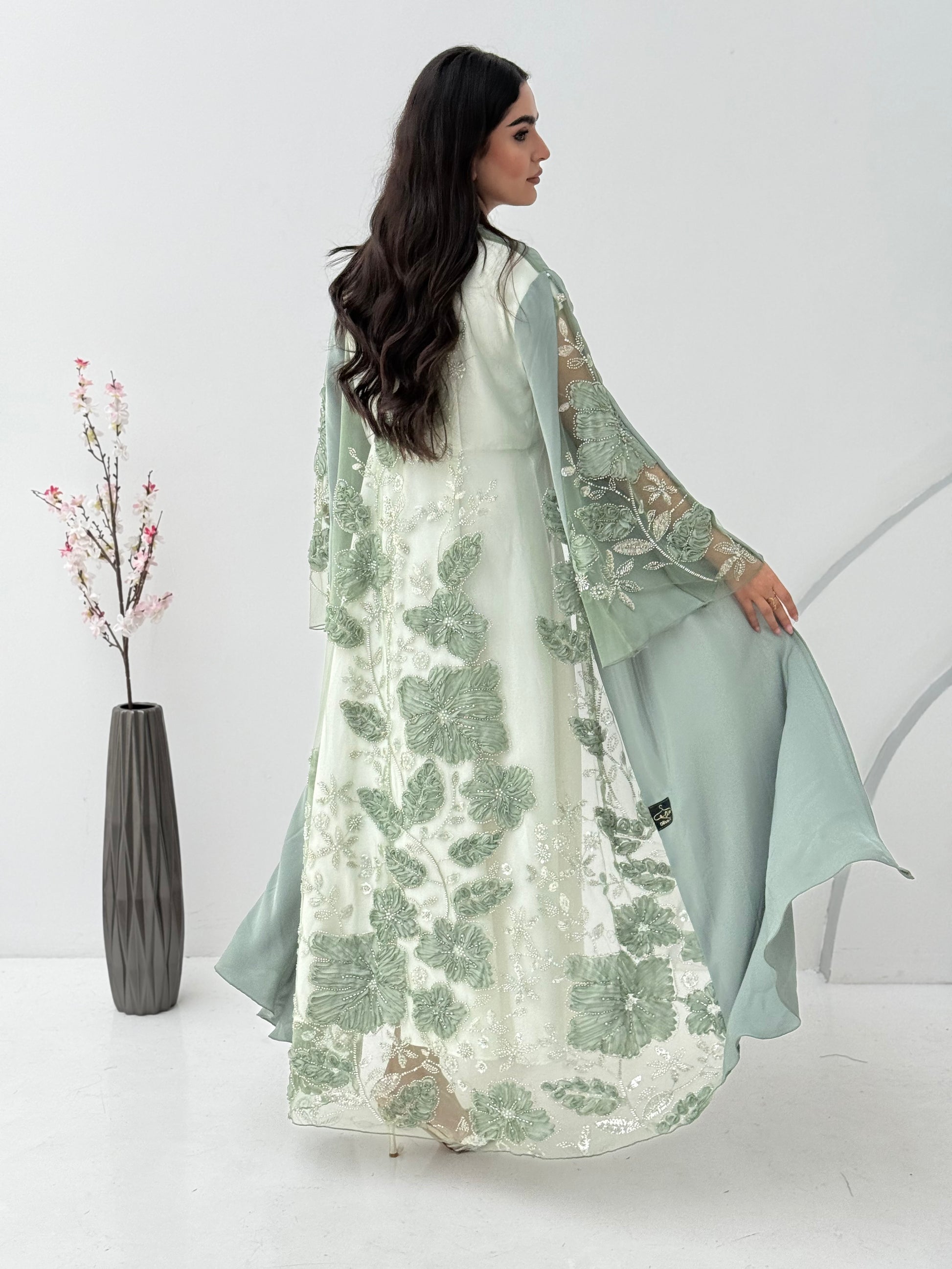 O 192 Floral Lace Mint Green Abaya - SMALL O 192 Floral Lace Mint Green Abaya - SMALL