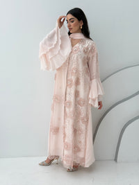 A luxurious light pink abaya with chiffon and texture of Black floral lace. This abaya is perfect for evening outings and occasions.