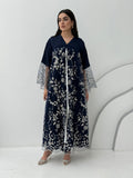 A luxurious and romantic navy blue abaya with floral lace and Nida fabric, that is perfect for engagements, henna parties and weddings.