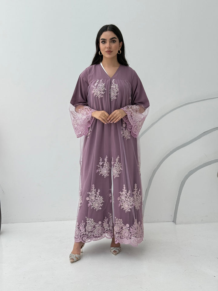A lavender purple embroidery nida abaya, a very comfortable abaya for gatherings.