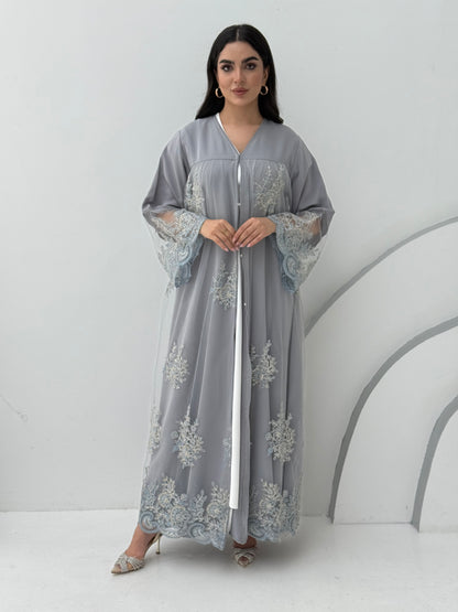 A silver grey embroidery nida abaya, a very comfortable abaya for gatherings.