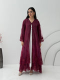 A stunning chiffon maroon abaya, that features floral lace on the sleeves. Its perfect for weddings or heena, daytime occasions and for formal events.