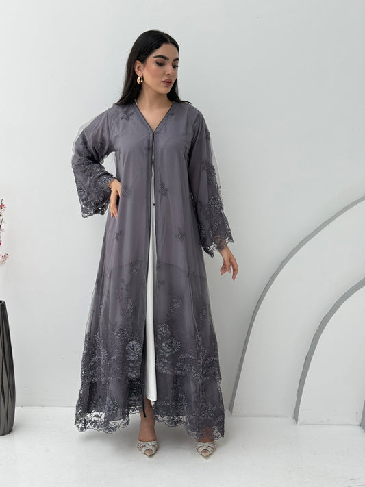 A stunning chiffon dark grey abaya that features floral lace on the sleeves. Its perfect for weddings or heena, daytime occasions and for formal events.