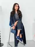 A set of navy blue abaya that includes matching trousers, coat abaya, inner top and sheila. This abaya set is perfect for travels and corporate events.
