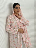 A soft pink floral chiffon abaya, an elegant abaya that is perfect for summer, daytime events, and brunch.