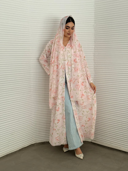 O 211 Soft Pink Floral Chiffon Abaya