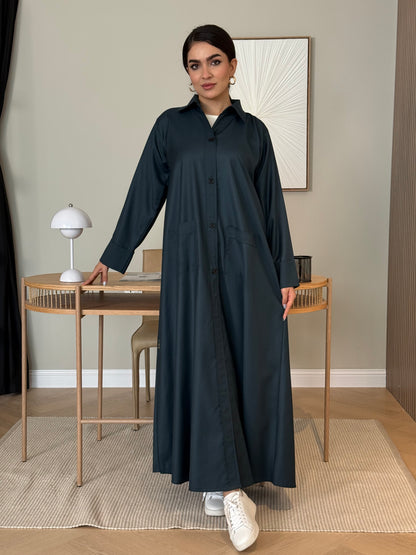 A dark grey linen abaya with smart collar and practical pockets, a perfect choice for office wear and everyday wear.