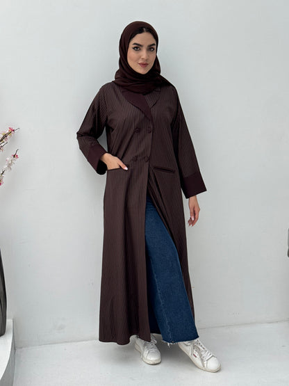 Woman wearing a Dark Brown Pinstripe Linen Coat Abaya on a white background