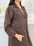 Dark Brown Shamwa Trench Abaya Set with buttons and a belt on a white background