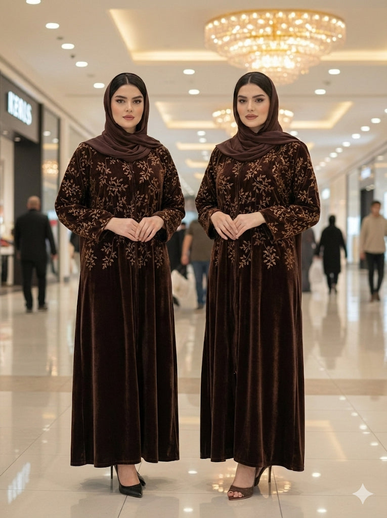 Two identical women in Dark Brown Velvet Embroidered Abayas with floral patterns standing in a mall.