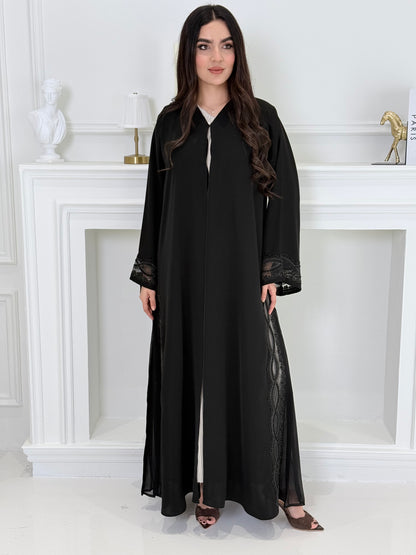 O 245 Premium Black Abaya with Black Plissé Panel