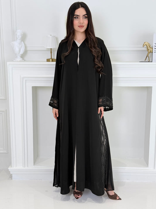 O 245 Premium Black Abaya with Silver Plissé Panel