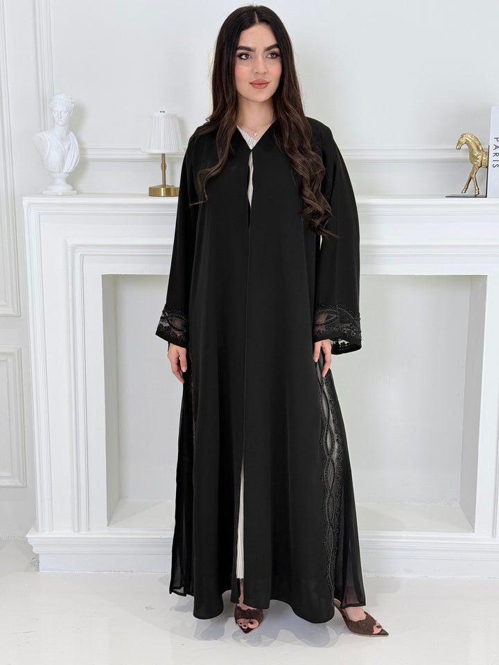 O 245 Premium Black Abaya with Silver Plissé Panel