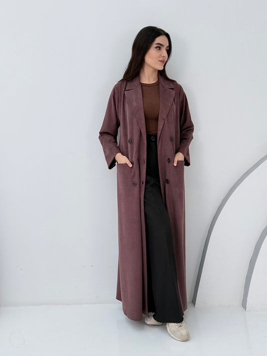 Woman wearing a Premium maroon burgundy Shamwa coat abaya against a white background