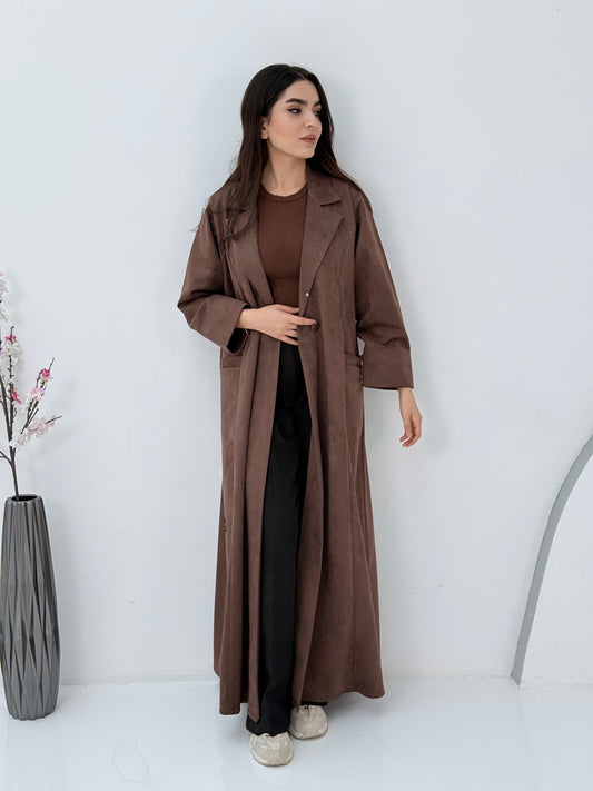 Woman wearing a Premium Cocoa Brown Shamwa Coat Abaya on a white background