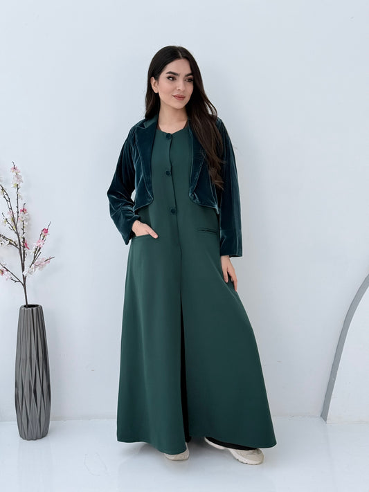 Woman wearing a long Emerald Green Dual-Texture Abaya with a matching jacket against a white background