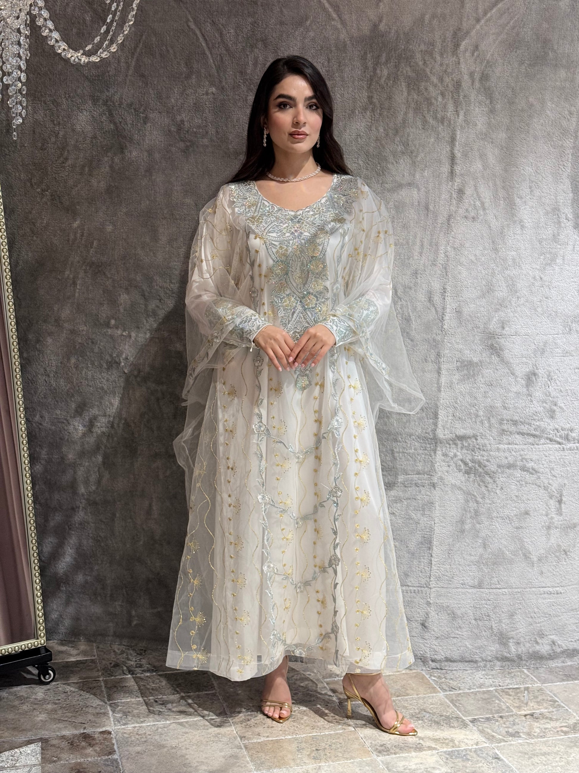 O 274 Off White Embroidered Tulle Thobe Dress