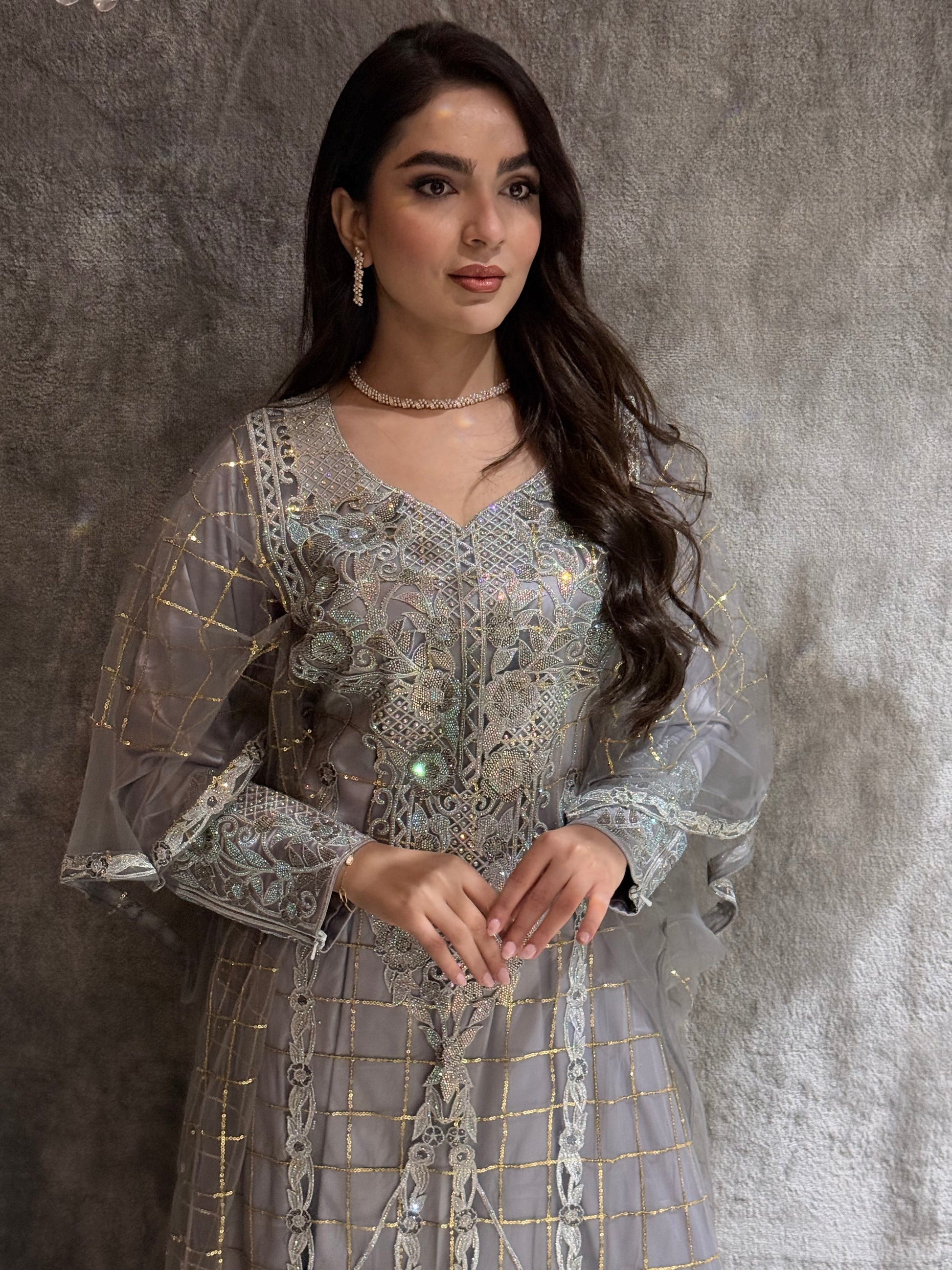 O 277 Silver Grey Emirati Design Tulle Dress - SMALL O 277 Silver Grey Emirati Design Tulle Dress - SMALL