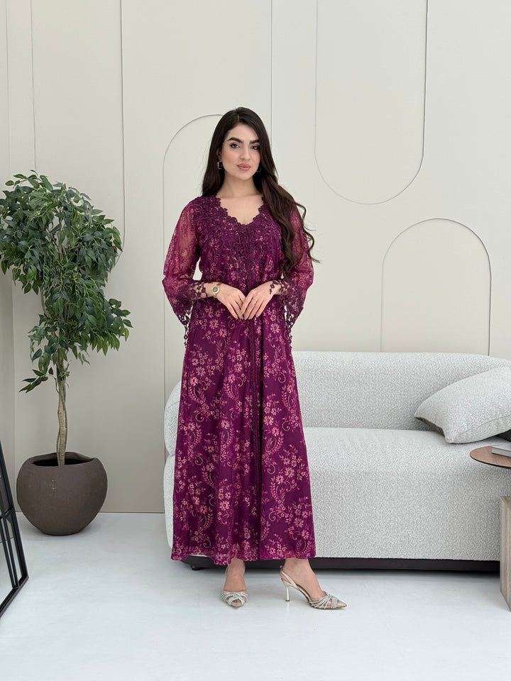 A deep purple floral lace kaftan, perfect for Eid, ceremonies, and luxury occasions