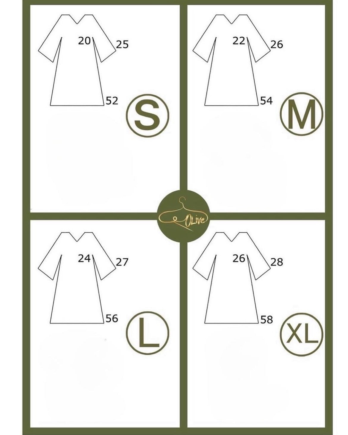 Size chart for a abaya with measurements in inches