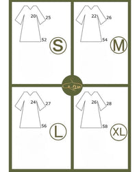 Size chart for a abaya with measurements in inches