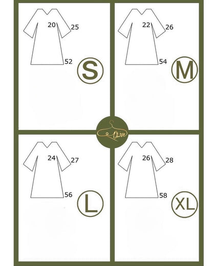 Size chart for a abaya with measurements in inches