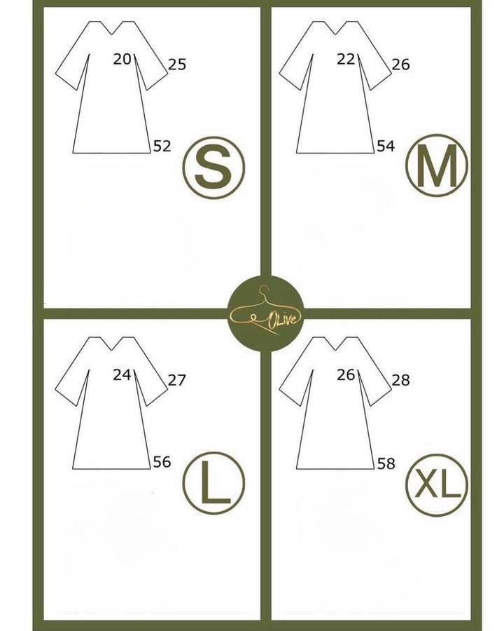 Size chart for a abaya with measurements in inches