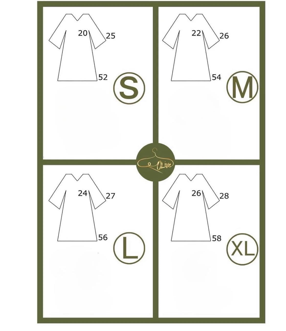 Size chart for abaya with measurements in inches