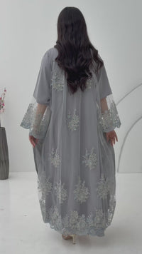 A silver grey embroidery nida abaya, a very comfortable abaya for gatherings.