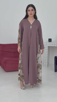 A cocoa brown abaya, made of premium dantel (lace) and nida fabric, this abaya is perfect for Eid and parties.
