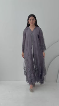 A stunning chiffon dark grey abaya that features floral lace on the sleeves. Its perfect for weddings or heena, daytime occasions and for formal events.