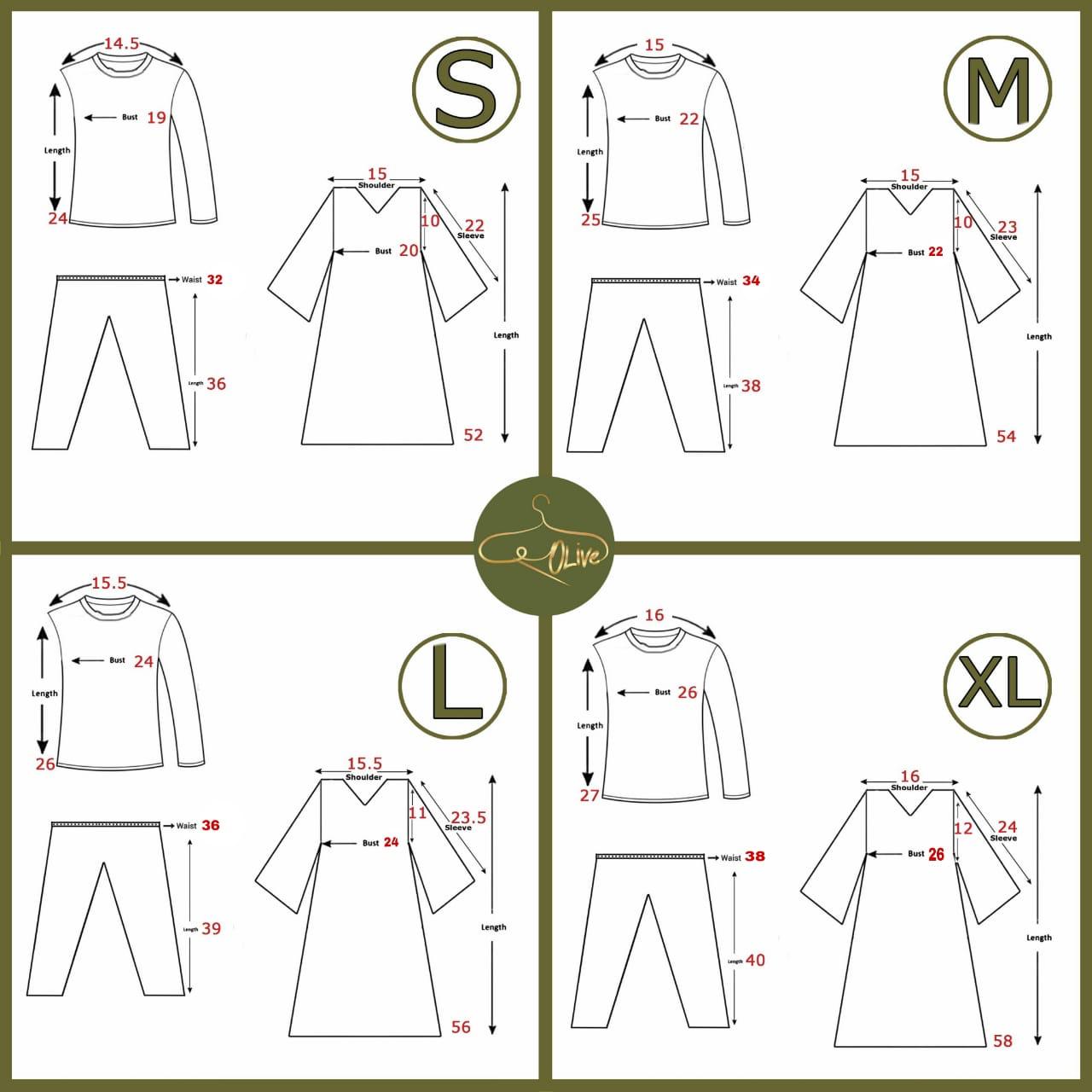 Size chart for clothing with measurements in centimeters