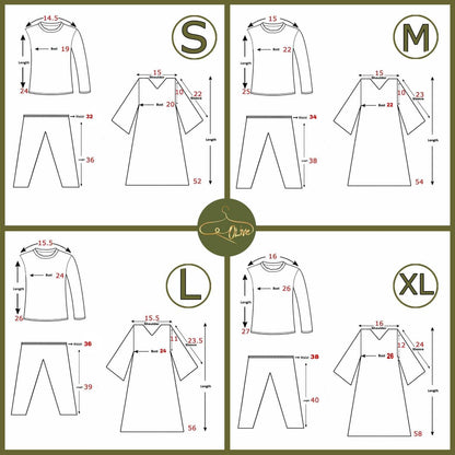 Size chart for clothing with measurements in centimeters